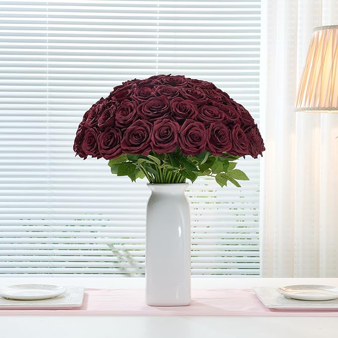 Carlita's Blooms 50pcs Burgundy Rose Artificial Silk Roses, Realistic, Long Lasting, Versatile for Weddings & Parties