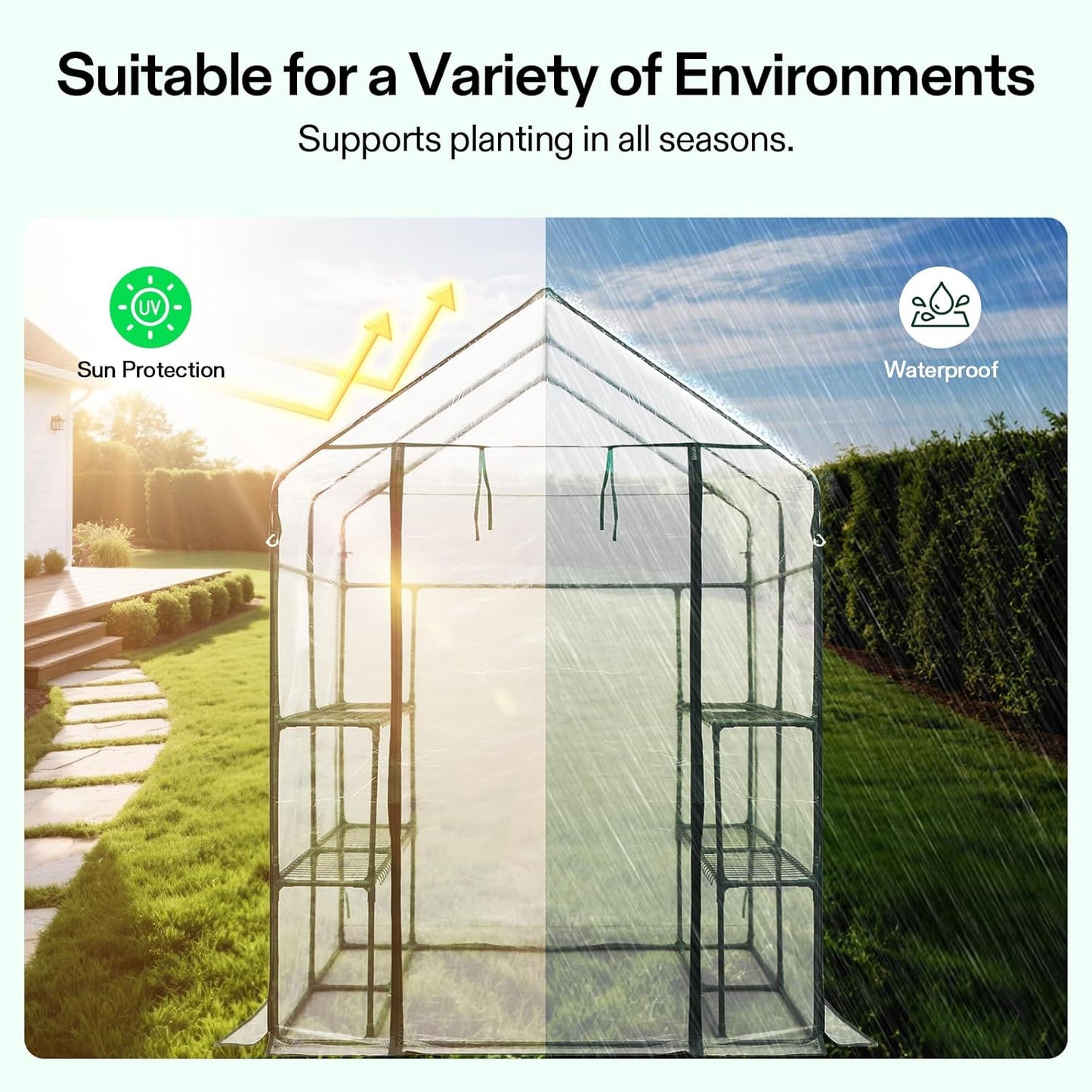 VIVOSUN 57x57x77-Inch Transparent Mini Walk-in Green House with Window and Anchor, Plant Garden Hot House 2 Tiers 8 Shelves, 4.7 x 4.7 x 6.4 FT