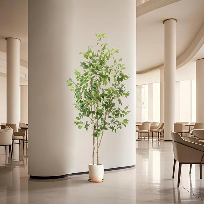 Artificial Fake Ficus Tree 7FT Tall 1Pack with White Planter & Free Moss, Artificial Plants Indoor, Artificial Trees for Home Decor Indoor, Faux Ficus Tree