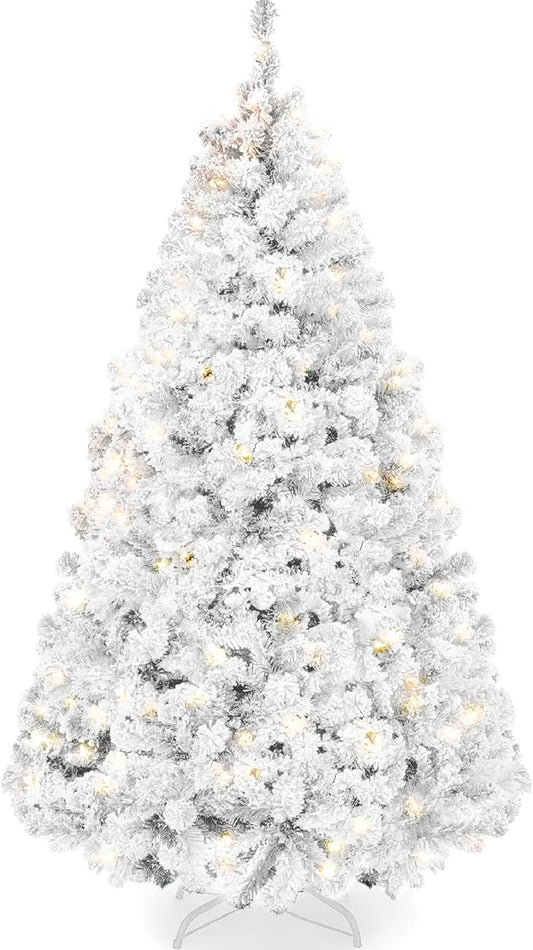 Best Choice Products Pre-Lit White Christmas Tree, 9ft Artificial Snow Flocked Full Fir Tree, Holiday Decoration w/ 900 Lights, 2,094 Branch Tips