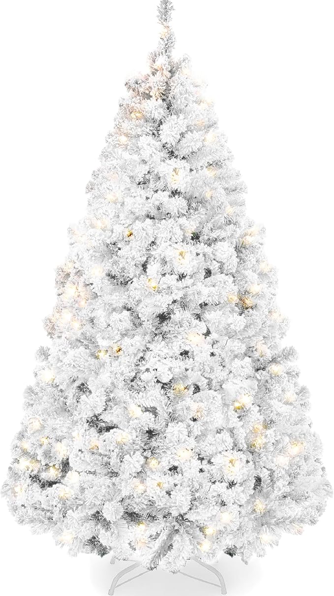 Best Choice Products Pre-Lit White Christmas Tree, 6ft Artificial Snow Flocked Full Fir Tree, Holiday Decoration w/ 250 Lights, 928 Branch Tips