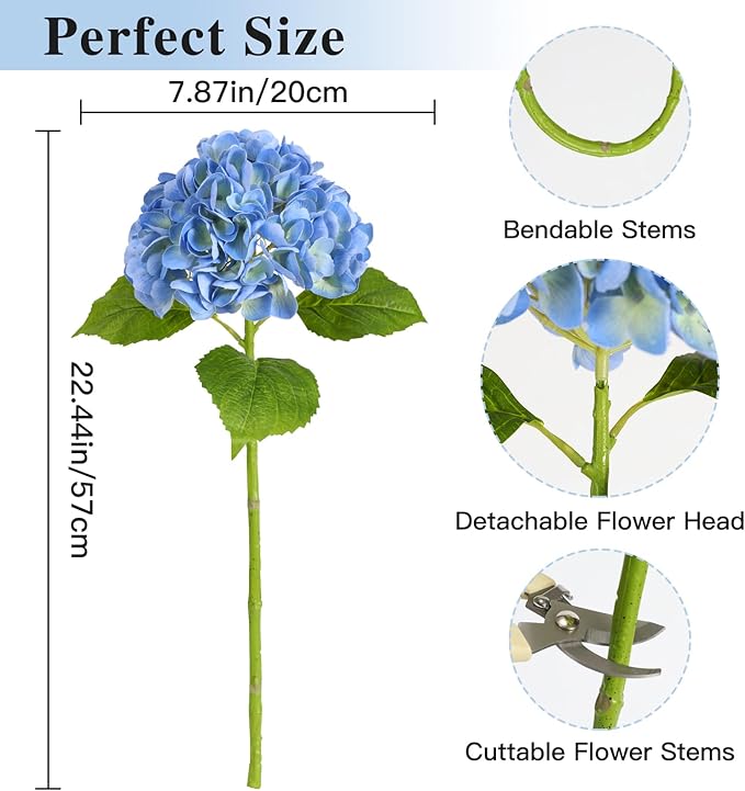 Nubry 22.44In Blue Hydrangea Artificial Flowers,4Pcs Latex Faux Real Touch Large Hydrangea Flowers with Long Stems & Leaves for Home Office Decor Wedding Party Arrangements(Blue)