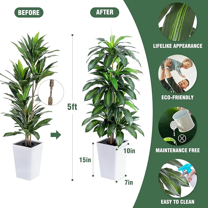 Artificial Dracaena Tree with White Tall Planter, 5ft Tall Potted Artificial Dracaena Silk Plant, Fake Yucca Tree Plant, Home Office Floor Room Decor Plants Indoor Outdoor, Housewarming Gift