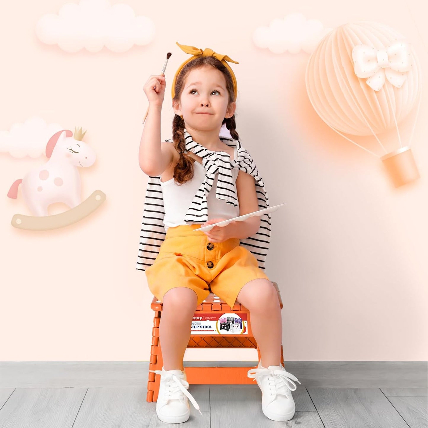 ACSTEP 9 Inch Folding Step Stool 300 LB Capacity Plastic Foldable Step Stools for Kids and Adults, Folding Stool Suitable for Kitchen, Stepping Stool with Handle Orange Small Step Stool 1PC