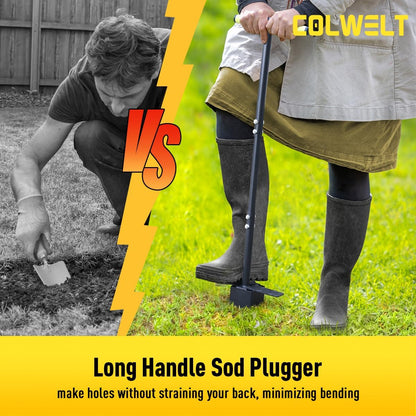 Colwelt Sod Plugger Tool 36-INCH, Grass Plug Tool 3 x 3 Square with Serrated Base, Long Handle Bulb Planter Tool with Dual Pedals & Easy Foot Ejector, Sod Turf Cutter for Lawn Planting Grass Repair
