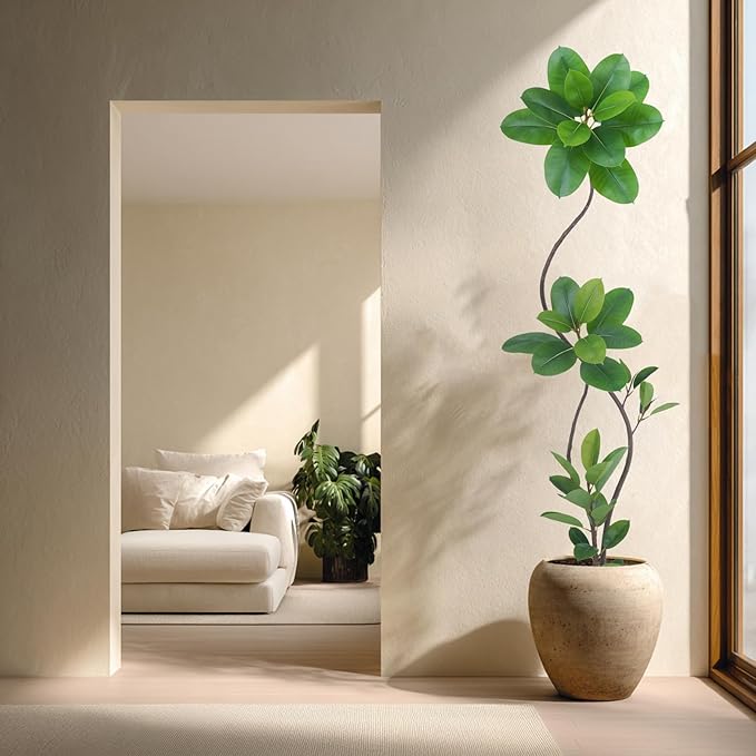 Artificial Rubber Tree Plant, 78 Inch Indoor Tree, Black with Round Planter, All Season Home Decor (Green,6.5ft)