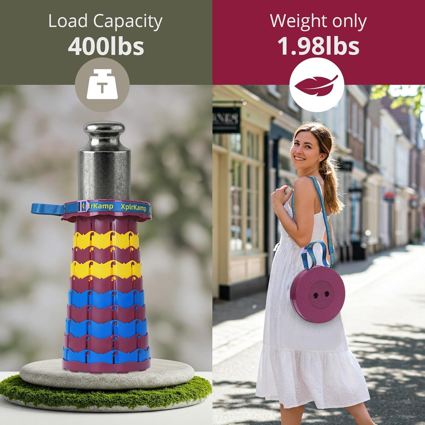 Retractable Folding Stool - Heavy Duty 400 lb Collapsible Portable Stool for Camping, Hiking, Fishing, Indoor/Outdoor with Non-Slip Base and Lightweight Design (Purple Yellow, 1-Pack)