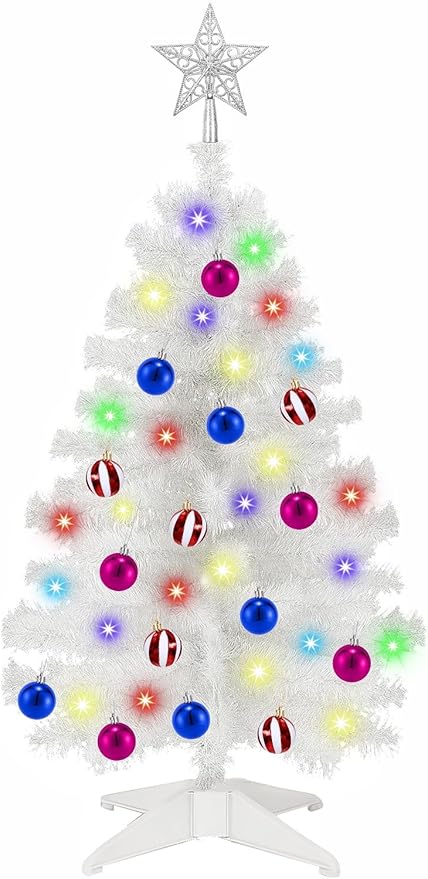 [ Remote Control & 8 Modes ] 3 Ft Christmas Tree with Timer 50 Warm White & Multi Color Lights, 15 DIY Ornaments 3D Star Topper - Artificial Small Christmas Tree for Home Indoor Tables - White