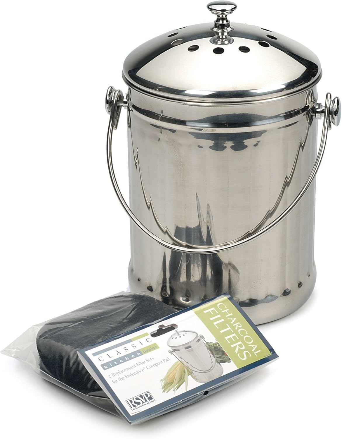 RSVP International Kitchen Collection Compost Pail, Dishwasher Safe, 1 Gallon Capacity, Stainless Steel