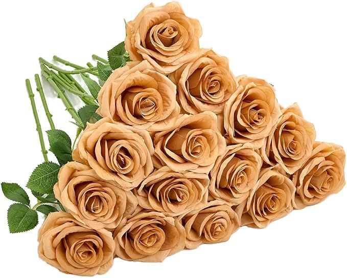 15pcs Terracotta Fake Roses Artificial Silk Flowers Faux Rose Flower Long Stems Bouquet for Arrangement Wedding Centerpiece Party Home Kitchen Decor
