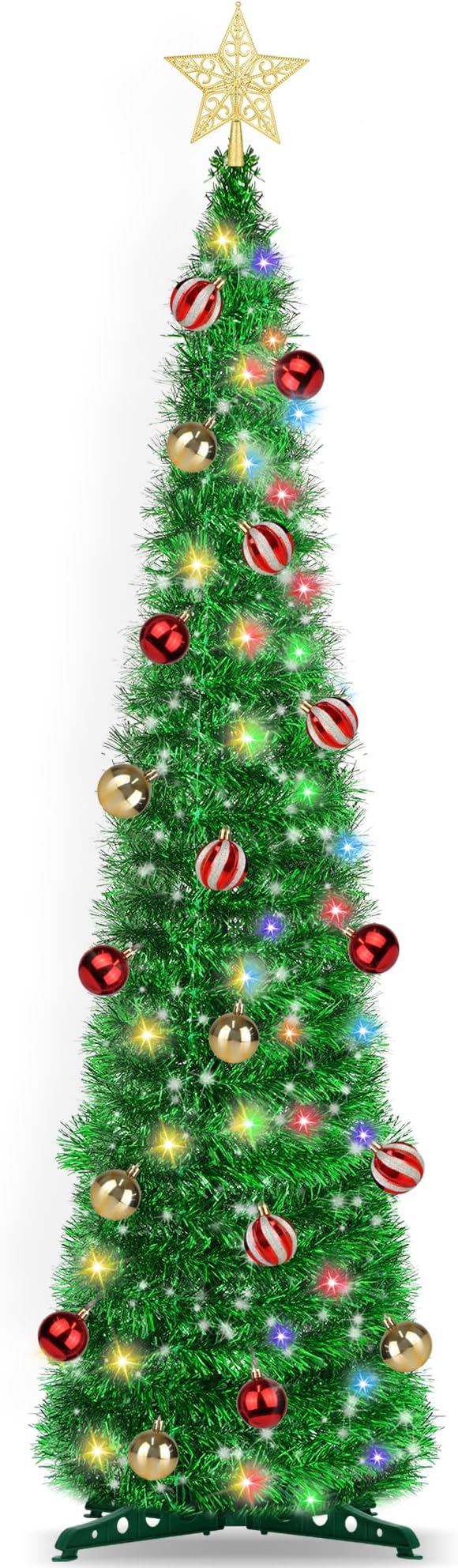5FT Pop Up Christmas Tree with Timer 60 Warm White & Multi Color Fairy Light 3D Star 25 Ball Ornament, Green Tinsel Christmas Tree Slim Pencil Xmas Tree Home Office Holiday Decor Indoor Outdoor