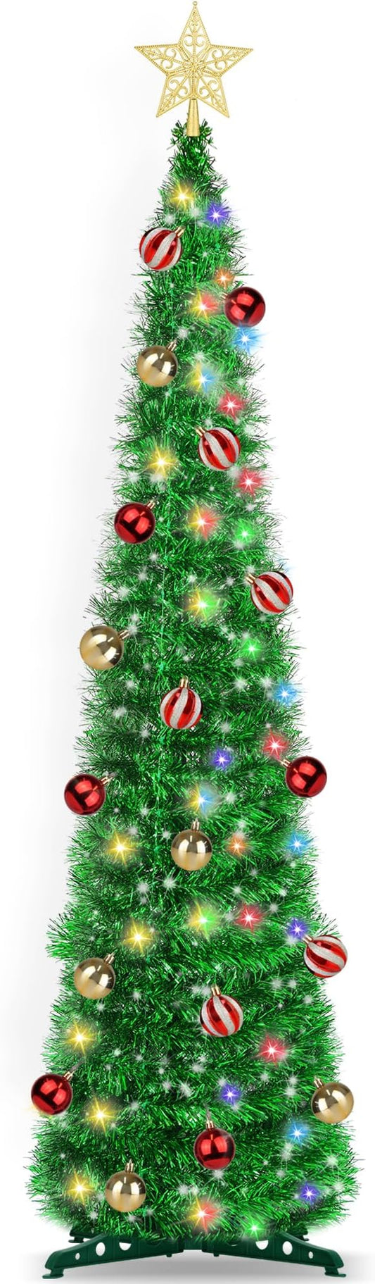 5FT Pop Up Christmas Tree with Timer 60 Warm White & Multi Color Fairy Light 3D Star 25 Ball Ornament, Green Tinsel Christmas Tree Slim Pencil Xmas Tree Home Office Holiday Decor Indoor Outdoor