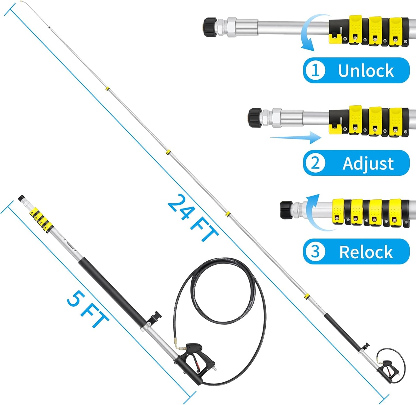 24 FT Telescoping Pressure Washer Wand Extension, Aluminum Power Washer Extension Wand with 7 Nozzle Tips, 3 Adapters & Support Harness, Gutter Cleaning Tools for 2 Story House