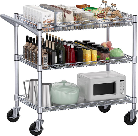 WDT 990Lbs Capacity Heavy Duty Rolling Utility Cart, NSF Rolling Carts with Wheels,Commercial Grade Metal Cart with Handle Bar & Shelf Liner,Trolley Serving Cart for Kitchen,Restaurant,Silver