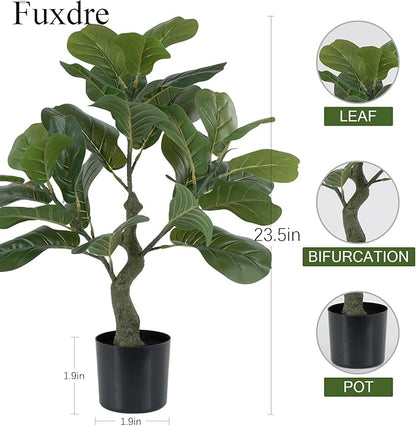 Artificial Fiddle Leaf Fig Tree 23.5 inch, Ficus Tree Artificial with 27 Leaves in Pot for Home Office Decor, Fake Silk Trees Greenery for Indoor House Living Room Store Floor Decoration