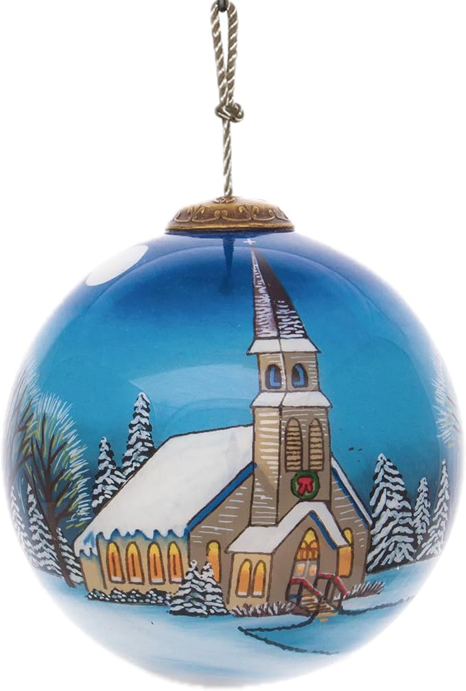 Church Christmas Ornament – Hand-Painted Glass Collectible with Snowy Chapel & Winter Trees – Reverse Painted Church Ornament for Christmas Tree, Holiday Village Décor with Gift Box