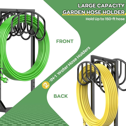 Garden Water Hose Holder Holds 2 * 150Ft Hoses, Heavy-Duty Metal Freestanding Hose Holder with 4 Spikes, Rustproof Garden Hose Reels Hose Hanger Storage for Outside, Yard, Lawn, Farm, Black