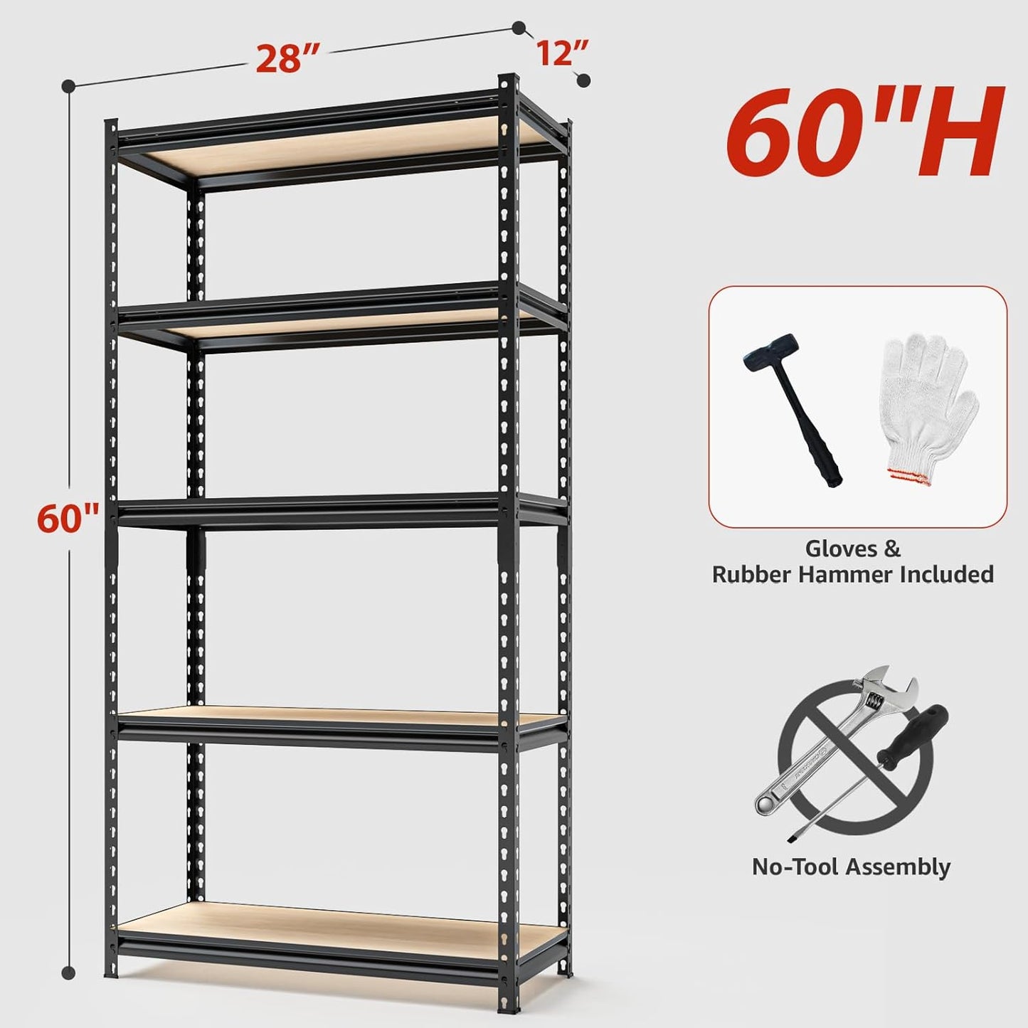 5-Tier Adjustable Metal Storage Shelves, Heavy Duty Garage Shelving 60" H x 28" W x 12" D, Shelving Unit Rack for Kitchen, Classroom, Dormitory, Basement & Warehouse (Black)