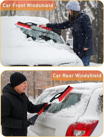 EcoNour 27" Car Snow Brush and Ice Scrapers for Car Windshield (Red- 2 Pack) | Scratch Free Bristle Head Snow Brush & Tough Window Snow Scraper with Aluminium Body