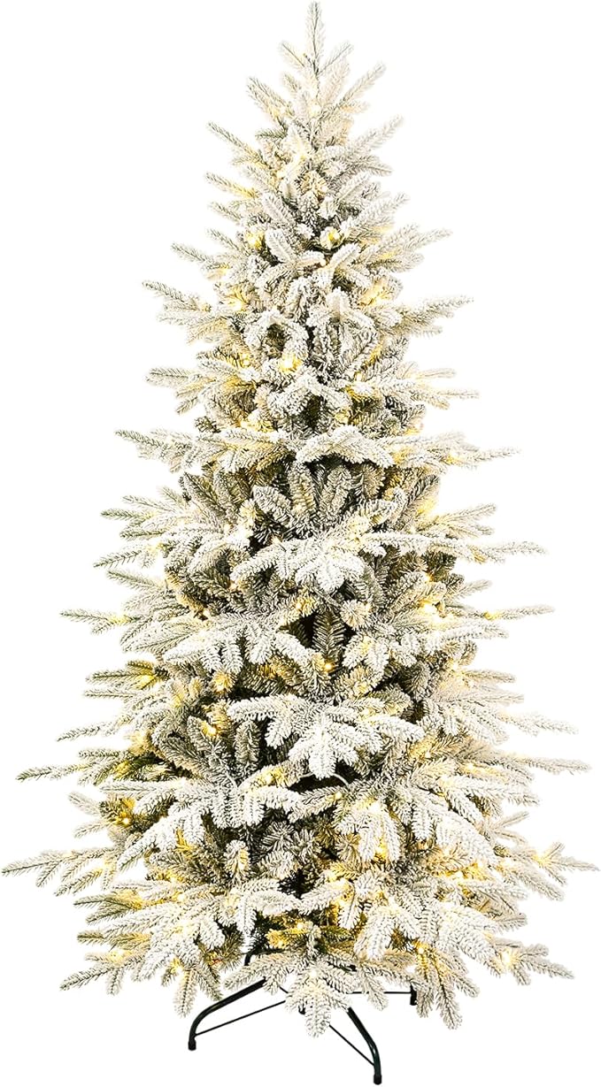 8FT Christmas Tree Prelit Flocked，Snow Frosted PE Tips Premium Artificial Xmas Tree，Foldable Metal Base, Holiday Decoration Warm White & Muticolor LED