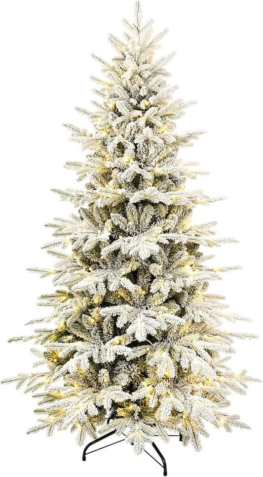 8FT Christmas Tree Prelit Flocked，Snow Frosted PE Tips Premium Artificial Xmas Tree，Foldable Metal Base, Holiday Decoration Warm White & Muticolor LED