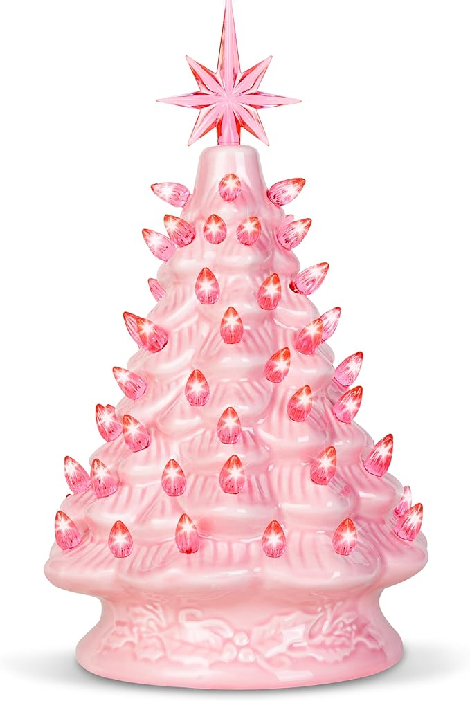 Joiedomi 12" Pink Ceramic Christmas Tree, Prelit Tabletop Christmas Tree Decoration with Extra Pink Top Star & Bulbs with LED Lights for Best Desk Decoration Xmas Tabletop Decor Indoor Home