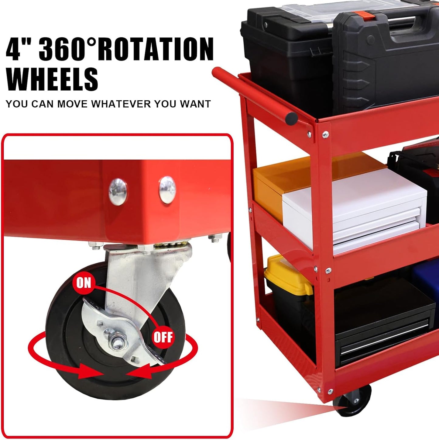 Torin APTC302B Steel Tool Service Push Cart with 3 Shelves and 200 lb Capacity, Red