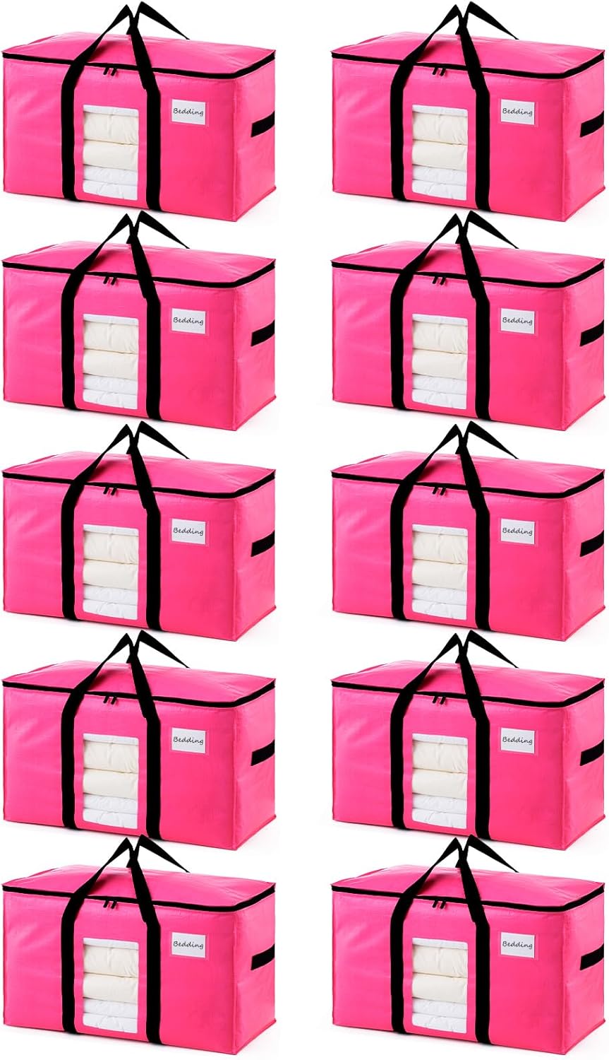 TAILI 10 Pack Pink Extra Large Moving Bags, Heavy Duty Totes with Visible Window, Wrap Around Handles, Ideal for Storage, Space-Saving