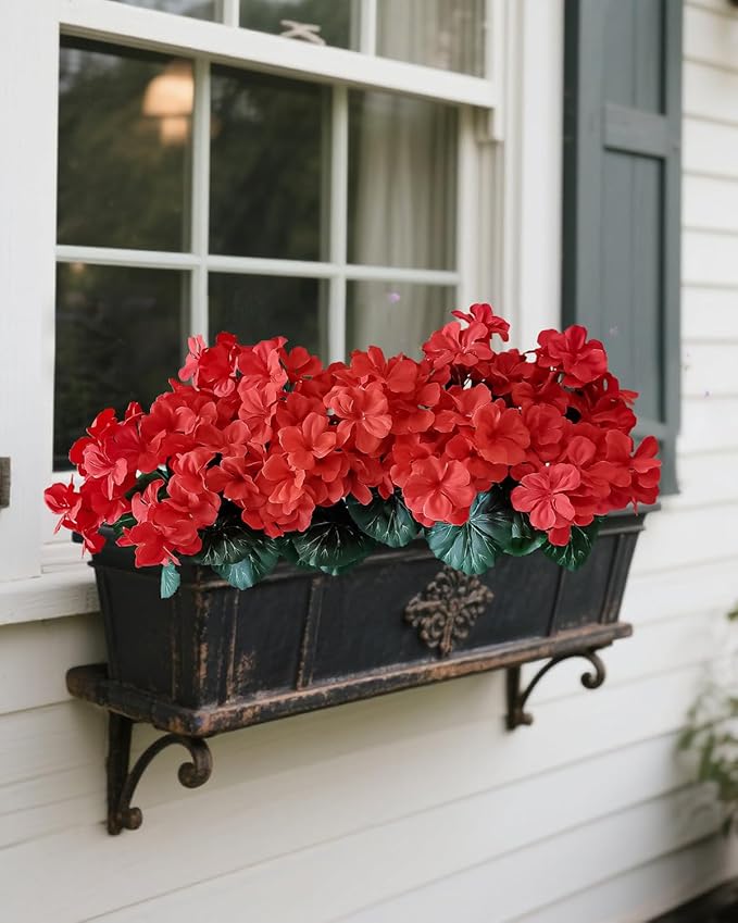 Outdoor UV-Resistant Red Silk Geranium Flowers (6 Bundles) - Realistic Artificial Faux Geranium Plants for Planter, Front Door, Porch, Yard, Patio, Window Box & Home Decor