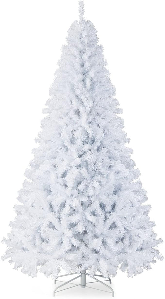 HAPPYGRILL 7.5 Feet White Artificial Christmas Tree with 1346 PVC Branch Tips Unlit Hinged Xmas Pine Tree with Sturdy Metal Base, Artificial Pine Tree for Indoor Outdoor Decor