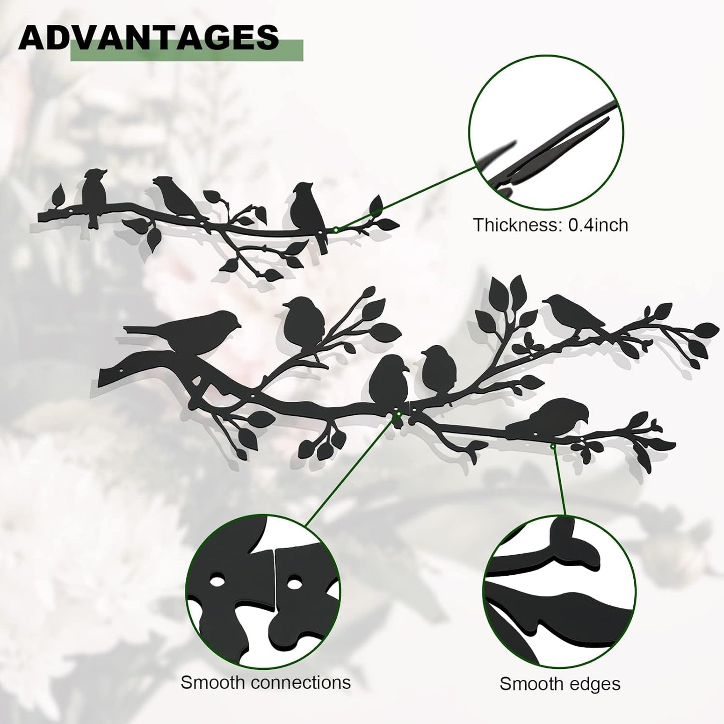 ULENDIS 3Pcs Large Metal Birds Wall Art, Bird on Branch Metal Birds Wall Decor Leaves with Bird Silhouette Sculpture, Ornament Branch Wall Hanging Sign for Balcony Garden Indoor Outdoor Decor