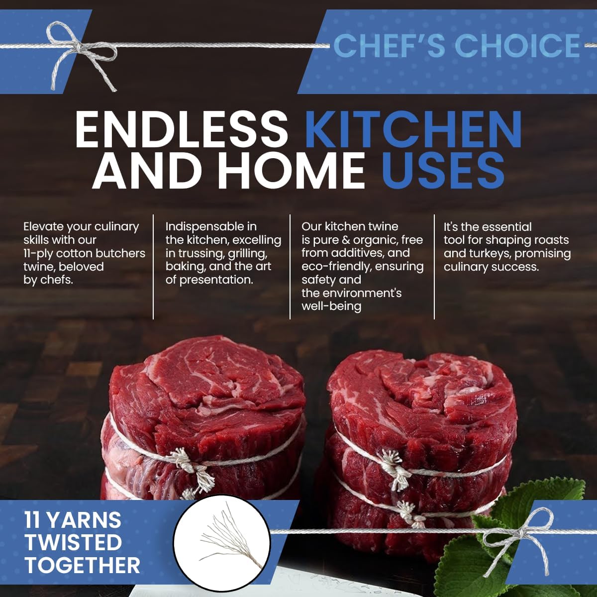 Organic Butcher’s Twine for Cooking & Trussing – 1.2mm Heavy-Duty Natural Cotton Kitchen Twine 200 Feet – Food-Safe, Oven-Safe String for Meat, Turkey, Baking, & Crafts