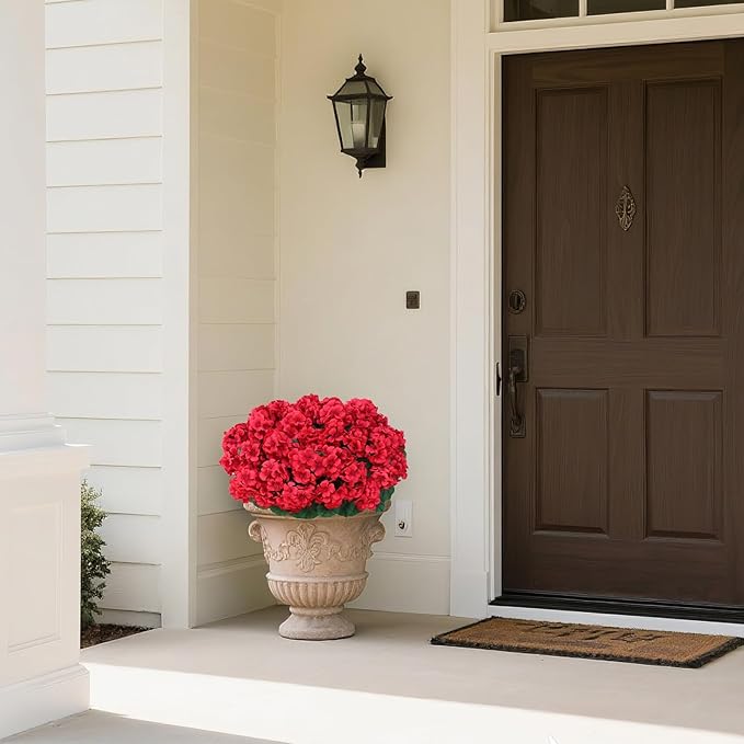 16 Bundles18" Artificial Geranium Flowers for Outdoor Spring Summer Decoration,Fake Silk Geranium Faux Plants UV Resistant for Front Door Planter Outside Home Garden Balcony Yard Porch Decor (Red）