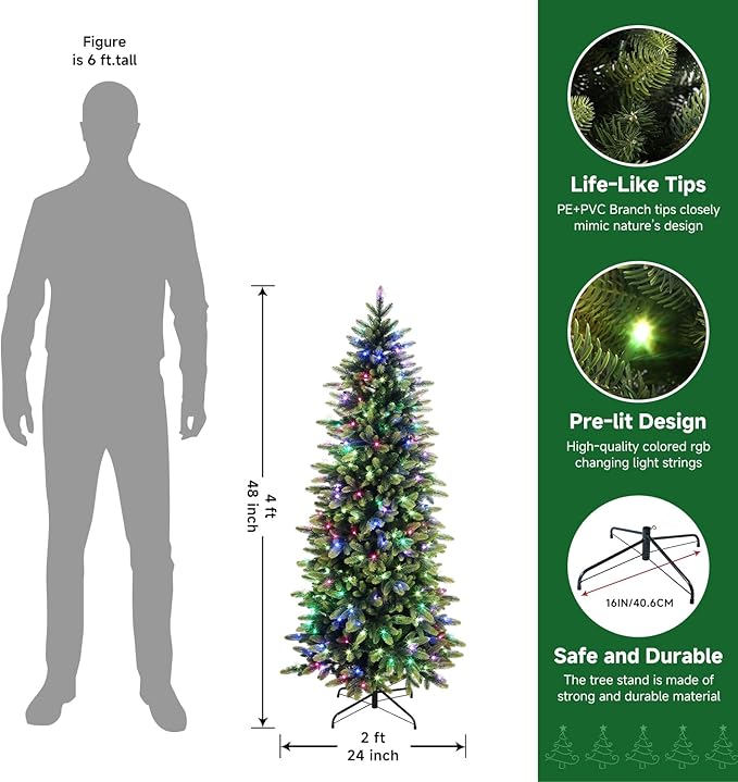 Alupssuc 6.5ft Prelit Artificial Hinged Christmas Tree with Remote Control, 300 Pre-Lit Multi-Color RGB Lights and 1600 PE & PVC Branch Tips, Fake Christmas Tree, 6.5 FT