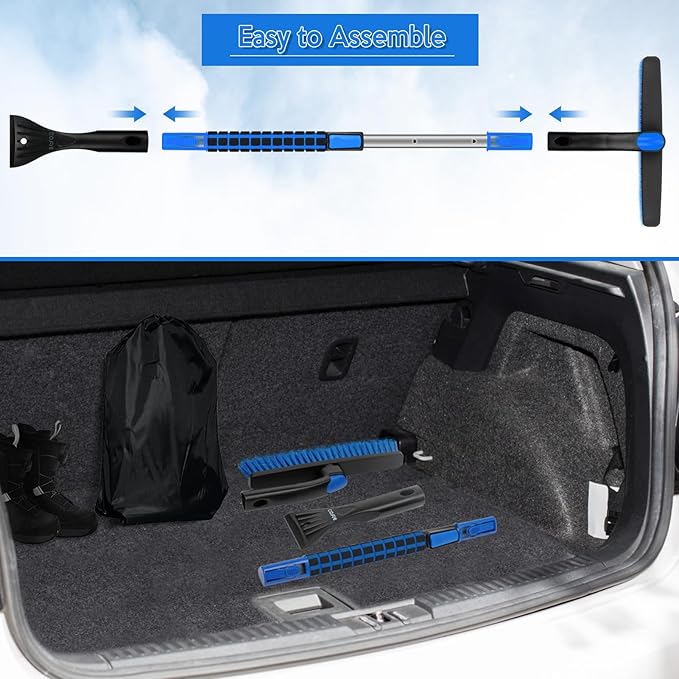 COFIT 36" Car Snow Brush Long Handle, 2 in 1 Extendable Ice Scraper for Windshield, Detachable Snow Removal Tool, Comfortable Clean Brush Scratch Free for RV, Truck, SUV, Windows, Roof, Exterior, Blue