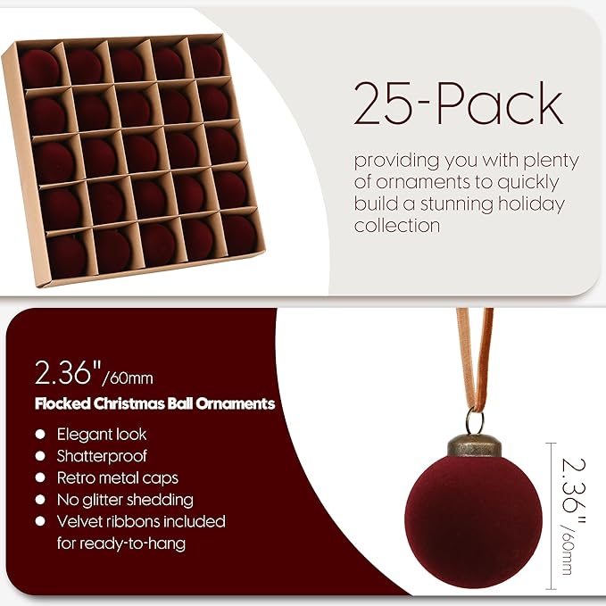 Sea Team 25-Pack Flocked Velvet Christmas Tree Ball Ornaments Set, Hanging Velour Baubles, Shatterproof Plastic Decorations for Xmas Tree, Wreath, Garland, 60mm/2.36 Inches, Burgundy