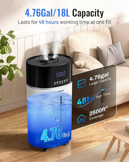Yokekon Cool and Warm Mist Humidifier Large Room, 4.76Gal/18L Humidifiers for Home 2500 sq ft, Air Humidifiers for Bedroom with Diffuser&Extended Tube, Whole House Humidifiers for Nursery Baby Plants