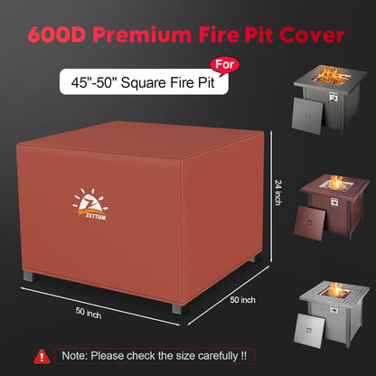 Fire Pit Cover Square 50 Inch - Outdoor Firepit Cover Heavy Duty & Waterproof, 600D Patio Fire Table Covers Large Gas Fire Pit Accessories Fade & Weather Resistant Brown - 50 x 50 x 24 Inch