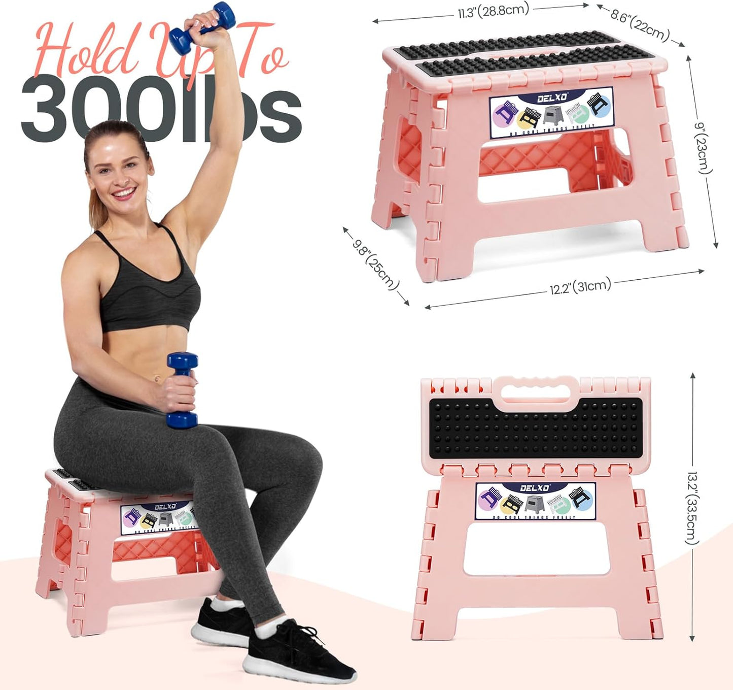 Delxo Folding Step Stool 9 Inch,Non-Slip Foldable Stools for Kids & Adults Up to 300 LBS,Kitchen Collapsible Fold Up Stepping Stool with Dotted 1 Pack,Pink