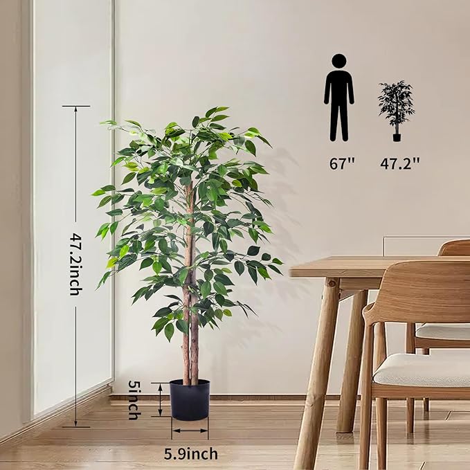 2Packs 4FT Artificial Ficus Trees with Realistic Leaves and Natural Trunk, Faux Ficus Tree with Sturdy Plastic Nursery Pot, Fake Ficus Tree for Office Home Farmhouse for Indoor Outdoor Decor