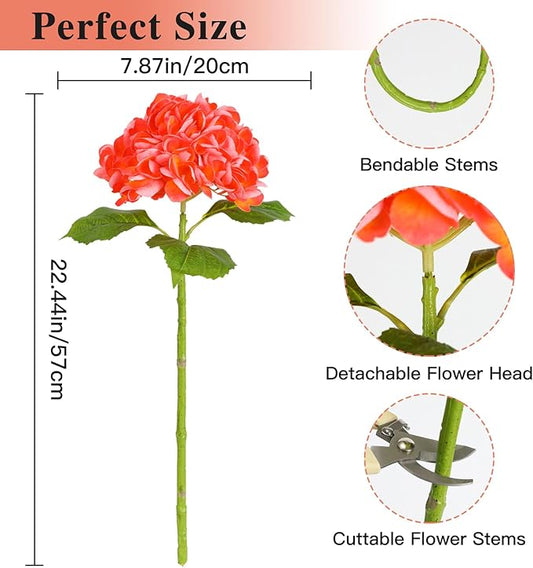 Nubry 22.44In Orange Hydrangea Artificial Flowers,4Pcs Latex Faux Real Touch Large Hydrangea Flowers with Long Stems & Leaves for Home Office Decor Wedding Party Arrangements(Orange)