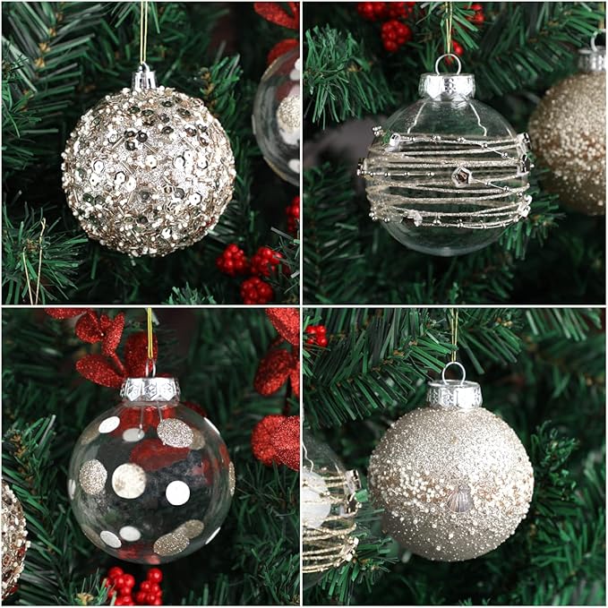 Clear Christmas Ball Ornaments for Christmas Tree Decorations Hanging Balls 8 Pcs 3.15" Glitter Crystal Champagne Shatterproof Christmas Ornaments Balls Set for Xmas Wedding Party Holiday Home Decor