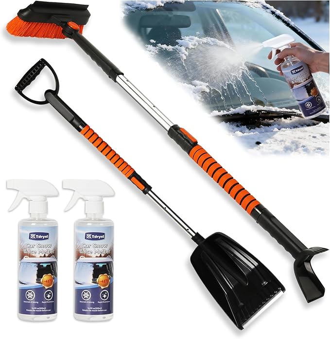6 in 1 Snow Shovel & Snow Brush with Windshield De-Icer & Ice Scraper for Cars, Trucks, SUVs,40" Extendable & Bendable Thicken Aluminum Tube for Easy Roof Cleaning,180° Pivoting Head & EVA Grip