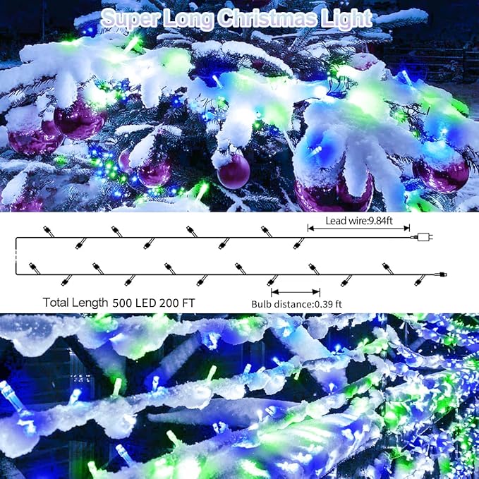 200 FT 500 LED Christmas Lights Outdoor Fairy Lights Plug In Extra Long String Lights Clear Wire Waterproof 8 Modes Timer for Outside House Tree Garden Yard Wedding Party Decorations-Blue & Green