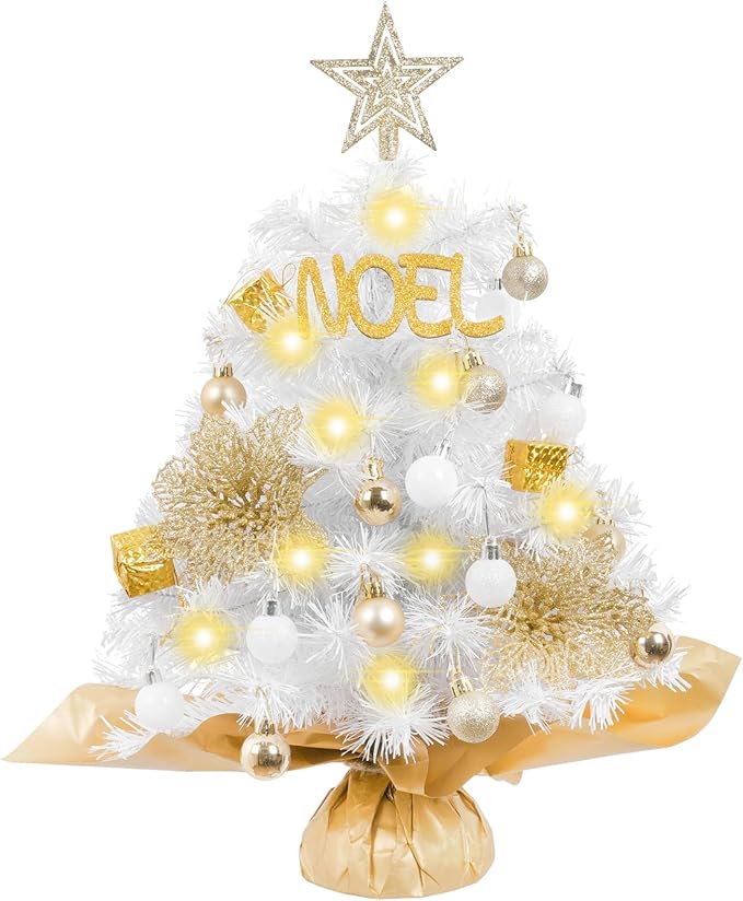 XmasExp Mini Christmas Tree with Lights White Small Christmas Tree Artificial Tabletop Xmas Decor Holiday Decoration for Home, Office, Party