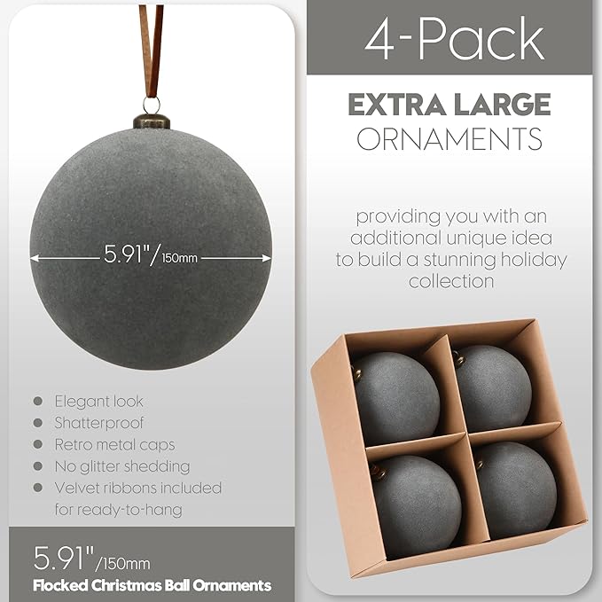 Sea Team 4-Pack Large Flocked Velvet Christmas Tree Ball Ornaments Set, Hanging Velour Baubles, Shatterproof Plastic Decorations for Xmas Tree, Wreath, Garland, 150mm/5.91 Inches, Gray