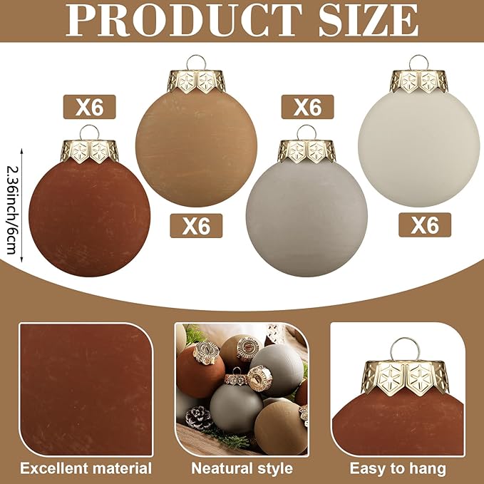 24 Pcs Neutral Matte Christmas Ball Ornaments 2.4 Inch Rustic Boho Terracotta Tan Gray Ivory Xmas Bulbs Ornament Vintage Xmas Baubles Modern Christmas Decor for Tree Farmhouse Holiday Decor