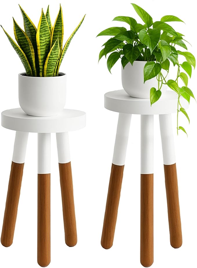 12" Reverse Dipped Wood Plant Stand, Wood Accent Stool,Milking Stool Drinking Table Small Side Table Set (18"+20" Tall)
