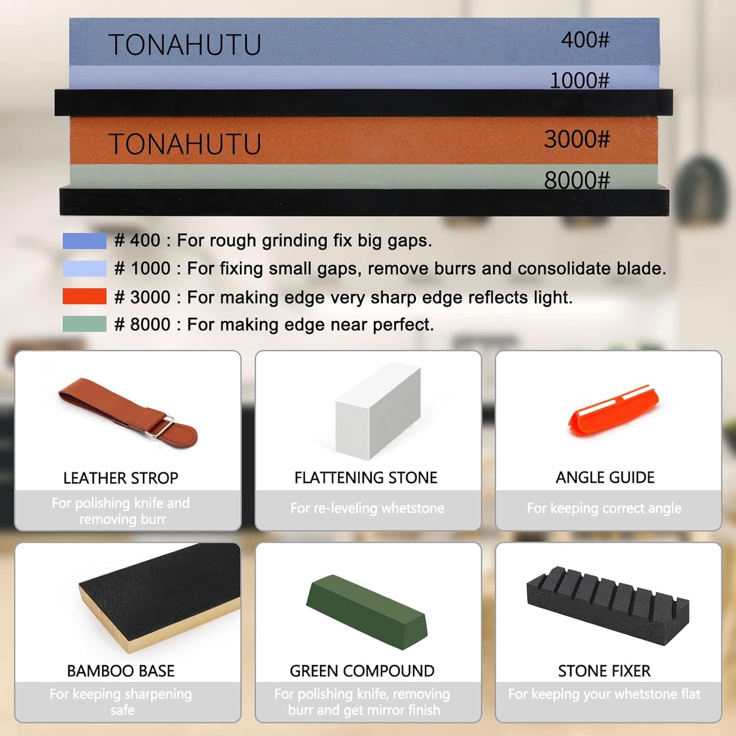 Knife Sharpening Stone Set, Professional 4 Side Grit 400/1000 3000/8000 Premium Whetstone Knife Sharpener with 150/320 Flattening Stones, Leather Strop, Polishing Combination & Angle Guide
