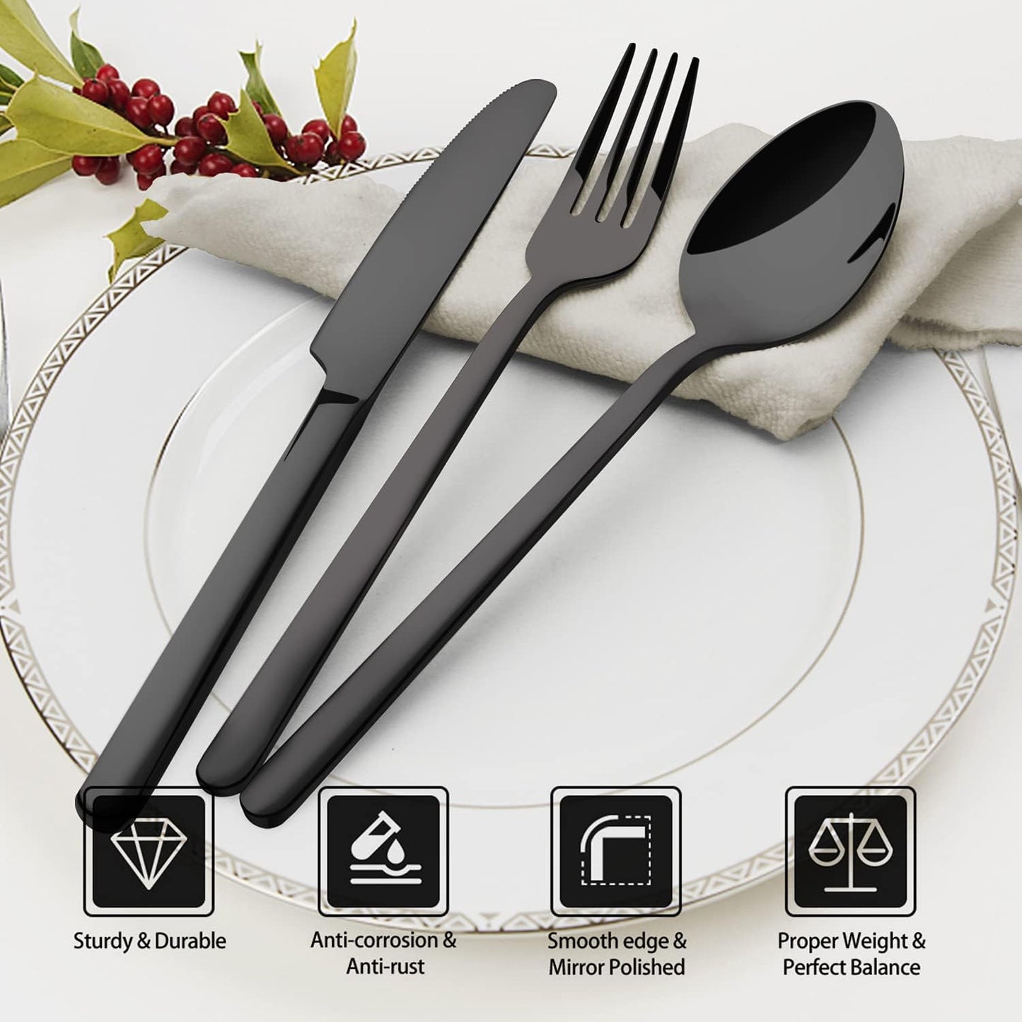 KINGSTONE Black Silverware Set, 20-Piece Flatware Set for 4, 18/10 Stainless Steel Cutlery for Home Kitchen and Restaurant